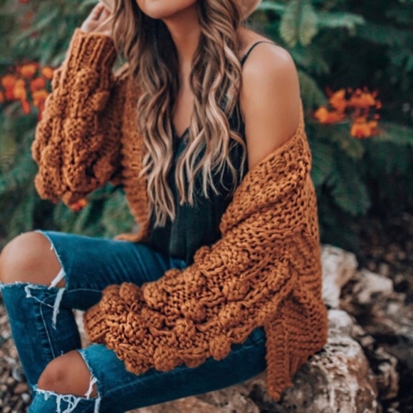 Sweaters - GIA Hand made Pom Pom Detail Sleeve Cardigan